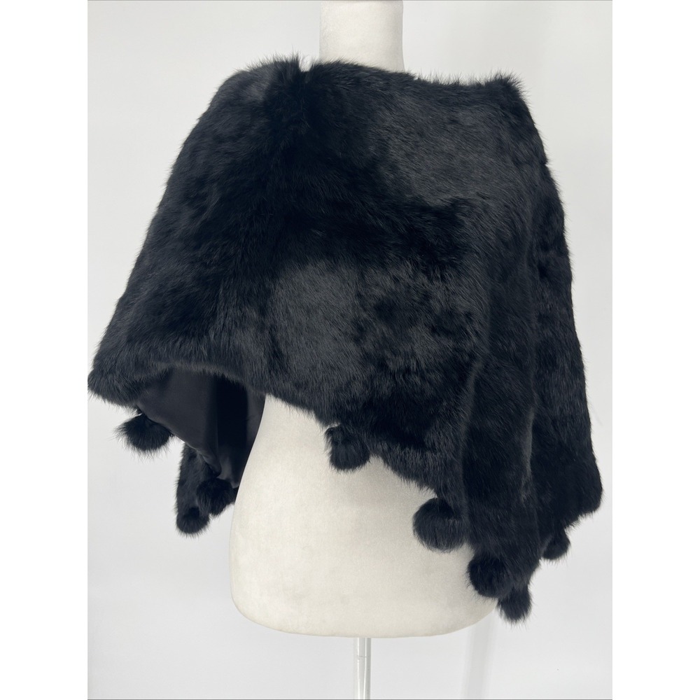 Vintage Women's Real Rabbit Fur Fashionable Poncho Asymmetrical Black OSFA